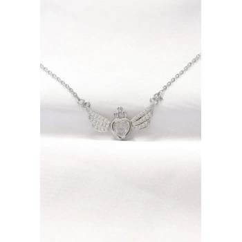 Mey İthalat® 316L Çelik Silver Renk Zirkon Taşlı Kalpli Kanat Kolye