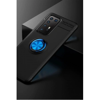 Mey İthalat®  Huawei P40 Pro Kılıf Range Yüzüklü Silikon - Siyah-Mavi