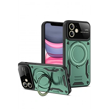 Mey İthalat®  iPhone 11 Kılıf Joy Lens Standlı Kapak - Koyu Yeşil