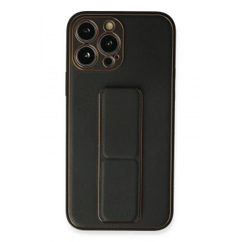 Mey İthalat®  iPhone 13 Pro Kılıf Coco Deri Standlı Kapak - Siyah