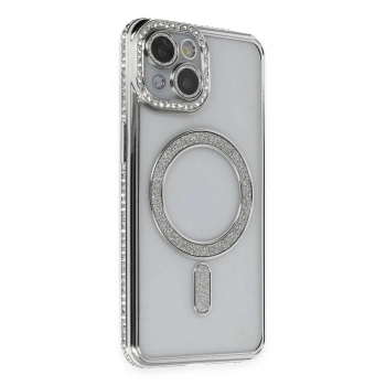 Mey İthalat®  iPhone 14 Kılıf Joke Simli Magneticsafe Kılıf - Gümüş