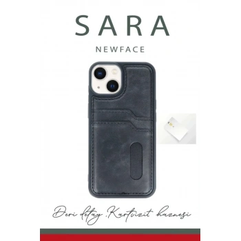 Mey İthalat®  iPhone 14 Kılıf Sara Kartvizitli Deri Kılıf - Siyah