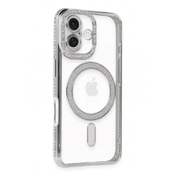 Mey İthalat®  iPhone 16 Kılıf Joke Simli Magneticsafe Kılıf - Gümüş