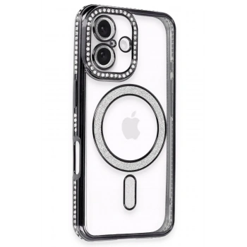 Mey İthalat®  iPhone 16 Kılıf Joke Simli Magneticsafe Kılıf - Siyah