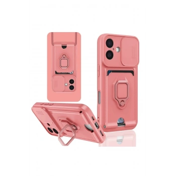 Mey İthalat®  iPhone 16 Kılıf Zuma Kartvizitli Yüzüklü Silikon - Pembe