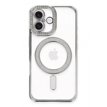 Mey İthalat®  iPhone 16 Plus Kılıf Joke Simli Magneticsafe Kılıf - Gümüş