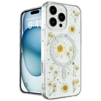 Mey İthalat®  iPhone 16 Pro Kılıf Daisy Simli Magsafe Kapak - Gümüş