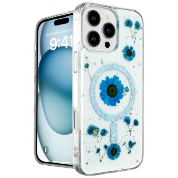 Mey İthalat®  iPhone 16 Pro Kılıf Daisy Simli Magsafe Kapak - Mavi