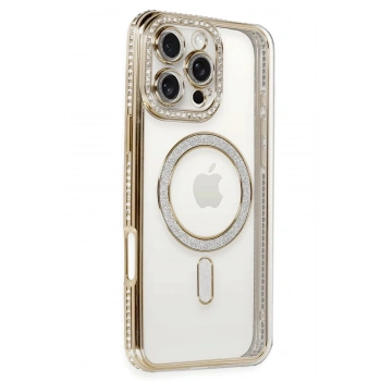 Mey İthalat®  iPhone 16 Pro Kılıf Joke Simli Magneticsafe Kılıf - Gold