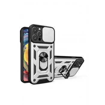 Mey İthalat®  iPhone 16 Pro Kılıf Pars Lens Yüzüklü Silikon - Gümüş