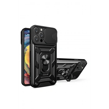 Mey İthalat®  iPhone 16 Pro Kılıf Pars Lens Yüzüklü Silikon - Siyah