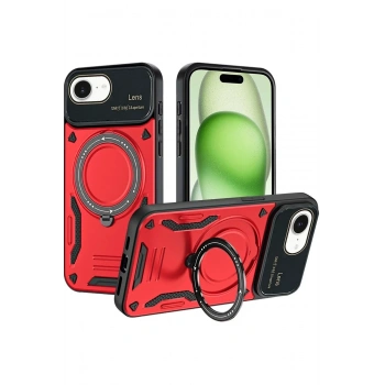 Mey İthalat®  iPhone 16E Kılıf Joy Lens Standlı Kapak - Kırmızı
