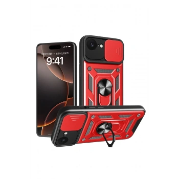 Mey İthalat®  iPhone 16E Kılıf Pars Lens Yüzüklü Silikon - Kırmızı