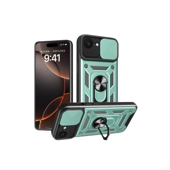 Mey İthalat®  iPhone 16E Kılıf Pars Lens Yüzüklü Silikon - Yeşil