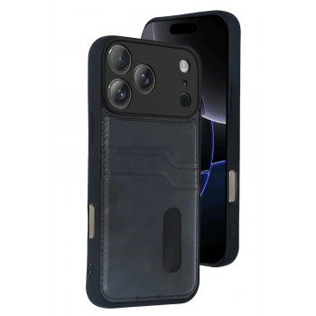 Mey İthalat®   iPhone 17 Pro Max Sara Kartvizitli Deri Kılıf - Siyah