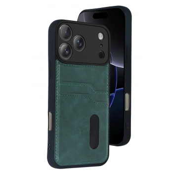 Mey İthalat®   iPhone 17 Pro Sara Kartvizitli Deri Kılıf - Yeşil