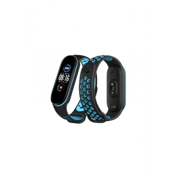 Mey İthalat®   Mi Band 6 Spor Delikli Kordon - Siyah-Mavi