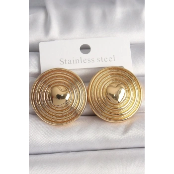 Mey İthalat® Pirinç Gold Renk Kalp İşlemeli Daire Plaka Model Kadın Küpe