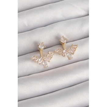 Mey İthalat® Pirinç Gold Renk Zirkon Taşlı V Model Küpe