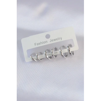 Mey İthalat® Pirinç Gümüş Renk Oval Bombeli Küpe Seti