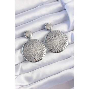 Mey İthalat® Pirinç Gümüş Renk Oval İşlemeli Küpe