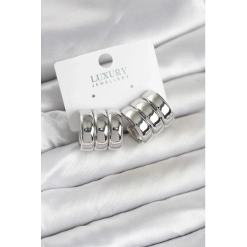 Mey İthalat® Pirinç Gümüş Renk Üçlü Görünüm Kadın Küpe