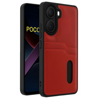Mey İthalat®   Poco X7 Pro Kılıf Sara Kartvizitli Deri Kılıf - Kırmızı