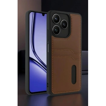 Mey İthalat®  Realme Note 50 4G Kılıf Sara Kartvizitli Deri Kılıf - Taba