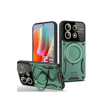 Mey İthalat®   Redmi Note 13 Pro 5G Kılıf Joy Lens Standlı Kapak - Koyu Yeşil
