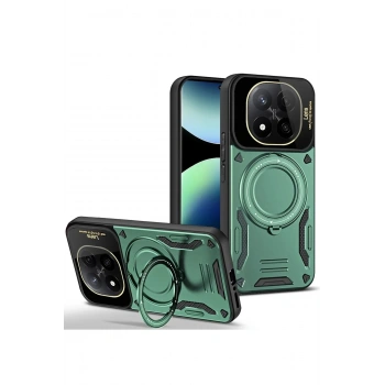 Mey İthalat®   Redmi Note 14 Pro 5G Kılıf Joy Lens Standlı Kapak - Koyu Yeşil