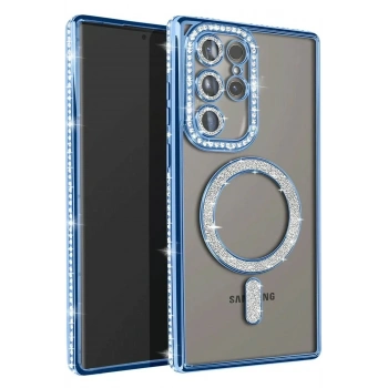 Mey İthalat®  Samsung Galaxy S23 Ultra Joke Simli Magneticsafe Kılıf - Mavi