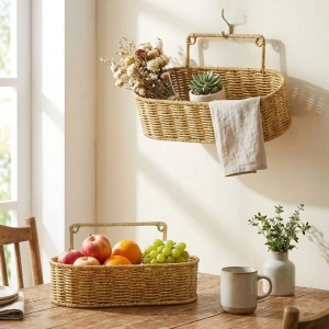 BiiShe® 2’li Duvar Askılı Plastik Rattan Organizer – Oval Hasır Görünümlü Mutfak Raf Sepeti, Banyo ve Ev İçi Düzenleme Ünitesi