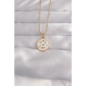 Mey İthalat® 316L Çelik Gold Renk Beyaz Mineli Karışık Figürlü Tarot Kolye