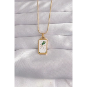 Mey İthalat® 316L Çelik Gold Renk Beyaz Mineli Tarot Kolye