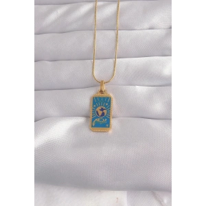 Mey İthalat® 316L Çelik Gold Renk Mavi Mineli El Figür Tarot Kolye