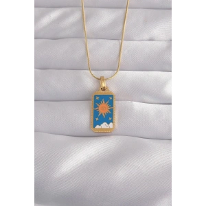 Mey İthalat® 316L Çelik Gold Renk Mavi Mineli Güneş Model Tarot Kolye