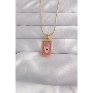 Mey İthalat® 316L Çelik Gold Renk Mor Mineli El Figür Tarot Kolye