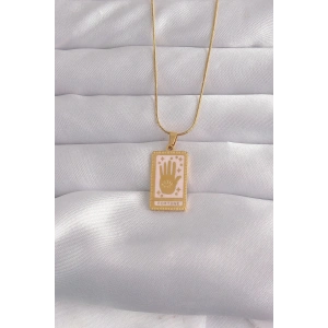 Mey İthalat® 316L Çelik Gold Renk Pembe Mineli El Figür Tarot Kolye