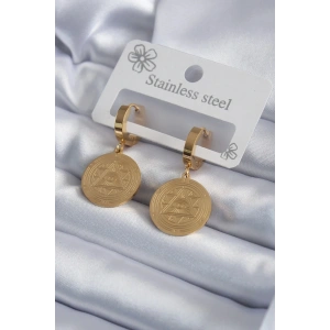 Mey İthalat® 316L Çelik Gold Renk Pentagram İşleme Model Kadın Küpe