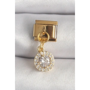 Mey İthalat® 316L Çelik Gold Renk Sallantı Daire Zirkon Taşlı Nomination Charm