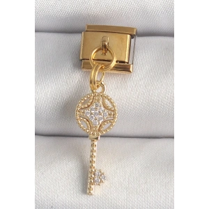 Mey İthalat® 316L Çelik Gold Renk Sallantı Zirkon Taşlı Anahtar Model Nomination Charm