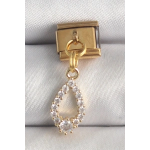 Mey İthalat® 316L Çelik Gold Renk Sallantı Zirkon Taşlı Damla Model Nomination Charm