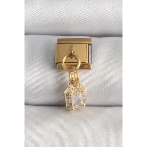 Mey İthalat® 316L Çelik Gold Renk Sallantı Zirkon Taşlı Kare Model Nomination Charm