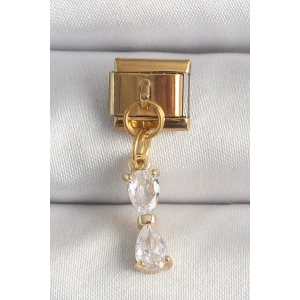 Mey İthalat® 316L Çelik Gold Renk Sallantı Zirkon Taşlı Kurdele Model Nomination Charm