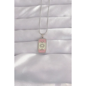 Mey İthalat® 316L Çelik Gümüş Renk Pembe Mineli Ay Figür Tarot Kolye