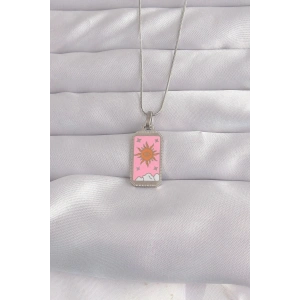 Mey İthalat® 316L Çelik Gümüş Renk Pembe Mineli Güneş Model Tarot Kolye