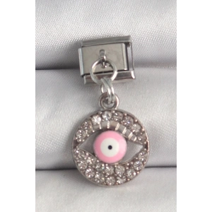 Mey İthalat® 316L Çelik Gümüş Renk Sallantı Zirkon Taşlı Pembe Göz Model Nomination Charm