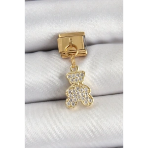 Mey İthalat® 316L Çelik Sallantılı Zirkon Taşlı Ayıcık Model Gold Renk Nomination Charm