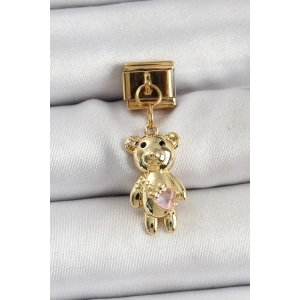 Mey İthalat® 316L Çelik Sallantılı Zirkon Taşlı Ayıcık Model Gold Renk Nomination Charm