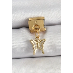 Mey İthalat® 316L Çelik Sallantılı Zirkon Taşlı Kelebek Model Gold Renk Nomination Charm